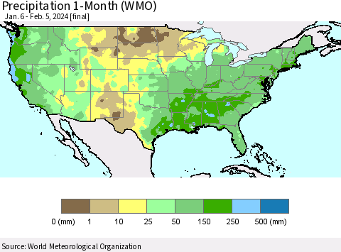 United States Precipitation 1-Month (WMO) Thematic Map For 1/6/2024 - 2/5/2024