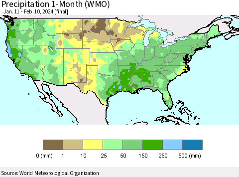 United States Precipitation 1-Month (WMO) Thematic Map For 1/11/2024 - 2/10/2024