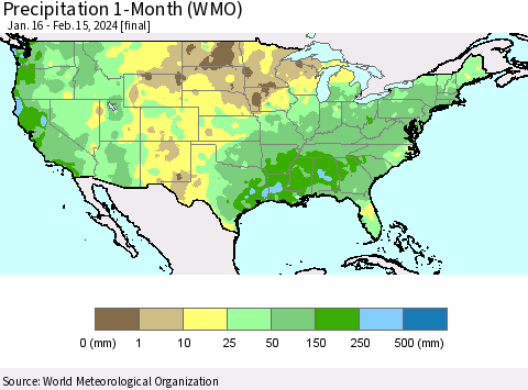 United States Precipitation 1-Month (WMO) Thematic Map For 1/16/2024 - 2/15/2024