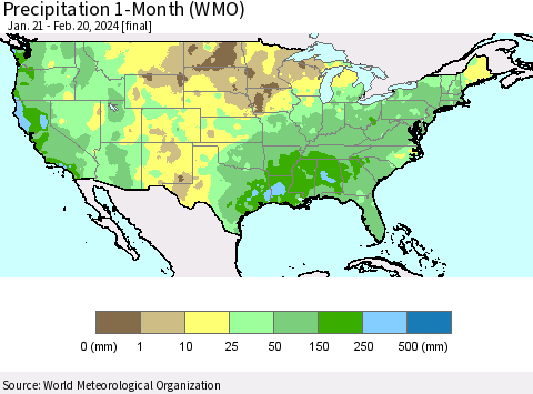 United States Precipitation 1-Month (WMO) Thematic Map For 1/21/2024 - 2/20/2024