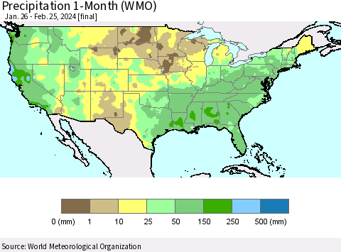 United States Precipitation 1-Month (WMO) Thematic Map For 1/26/2024 - 2/25/2024
