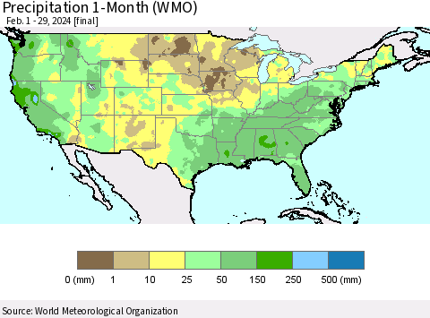 United States Precipitation 1-Month (WMO) Thematic Map For 2/1/2024 - 2/29/2024