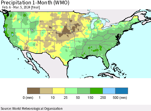 United States Precipitation 1-Month (WMO) Thematic Map For 2/6/2024 - 3/5/2024