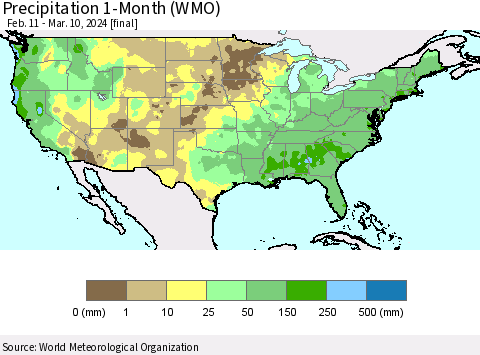 United States Precipitation 1-Month (WMO) Thematic Map For 2/11/2024 - 3/10/2024
