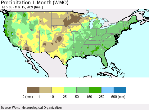United States Precipitation 1-Month (WMO) Thematic Map For 2/16/2024 - 3/15/2024