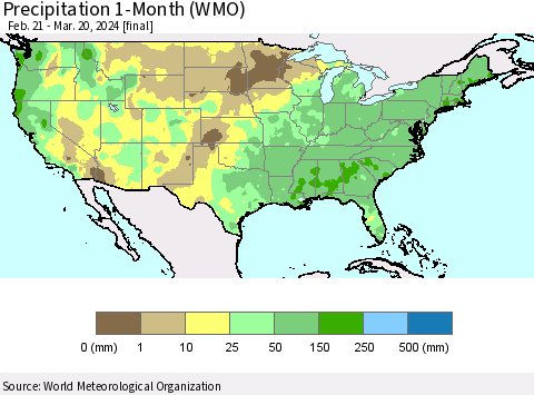 United States Precipitation 1-Month (WMO) Thematic Map For 2/21/2024 - 3/20/2024