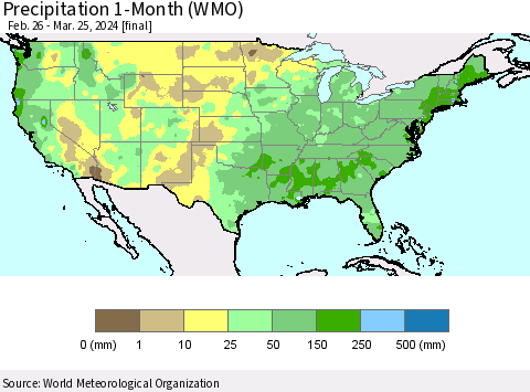 United States Precipitation 1-Month (WMO) Thematic Map For 2/26/2024 - 3/25/2024