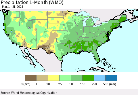 United States Precipitation 1-Month (WMO) Thematic Map For 3/1/2024 - 3/31/2024