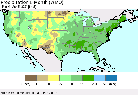United States Precipitation 1-Month (WMO) Thematic Map For 3/6/2024 - 4/5/2024