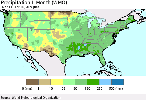 United States Precipitation 1-Month (WMO) Thematic Map For 3/11/2024 - 4/10/2024