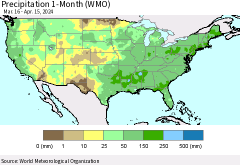 United States Precipitation 1-Month (WMO) Thematic Map For 3/16/2024 - 4/15/2024