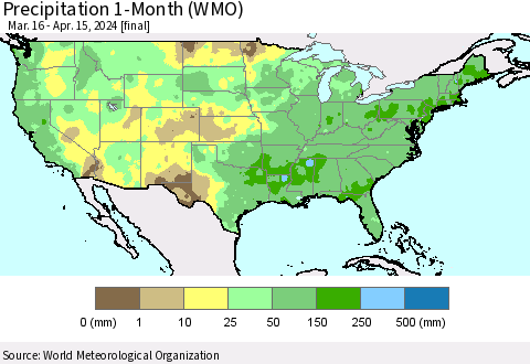 United States Precipitation 1-Month (WMO) Thematic Map For 3/16/2024 - 4/15/2024