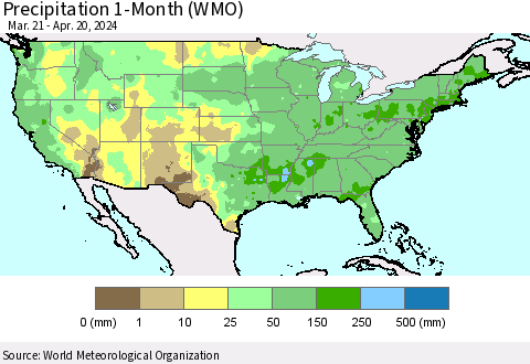 United States Precipitation 1-Month (WMO) Thematic Map For 3/21/2024 - 4/20/2024