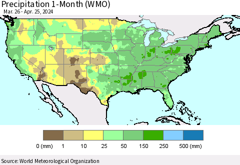 United States Precipitation 1-Month (WMO) Thematic Map For 3/26/2024 - 4/25/2024