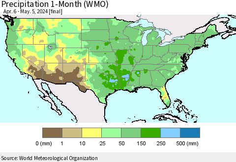 United States Precipitation 1-Month (WMO) Thematic Map For 4/6/2024 - 5/5/2024
