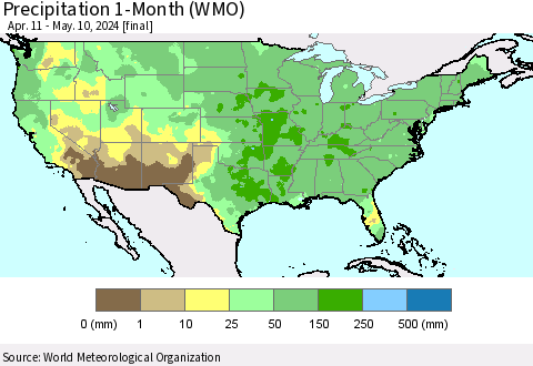 United States Precipitation 1-Month (WMO) Thematic Map For 4/11/2024 - 5/10/2024