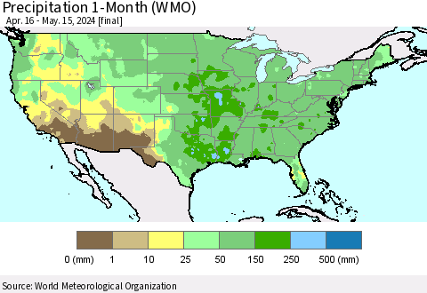 United States Precipitation 1-Month (WMO) Thematic Map For 4/16/2024 - 5/15/2024