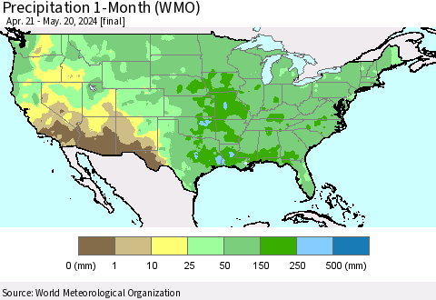 United States Precipitation 1-Month (WMO) Thematic Map For 4/21/2024 - 5/20/2024