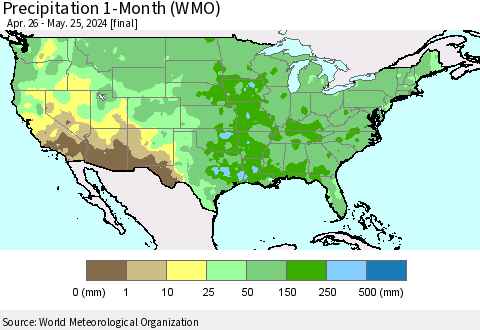 United States Precipitation 1-Month (WMO) Thematic Map For 4/26/2024 - 5/25/2024