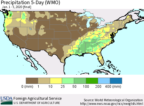 United States Precipitation 5-Day (WMO) Thematic Map For 1/1/2020 - 1/5/2020