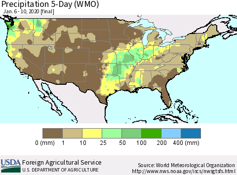 United States Precipitation 5-Day (WMO) Thematic Map For 1/6/2020 - 1/10/2020