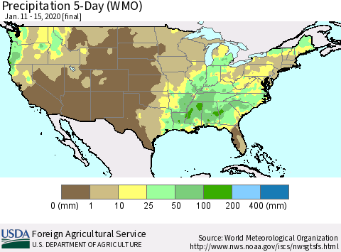 United States Precipitation 5-Day (WMO) Thematic Map For 1/11/2020 - 1/15/2020