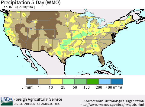 United States Precipitation 5-Day (WMO) Thematic Map For 1/16/2020 - 1/20/2020