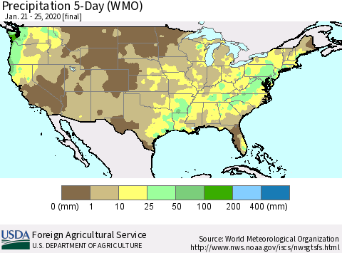United States Precipitation 5-Day (WMO) Thematic Map For 1/21/2020 - 1/25/2020