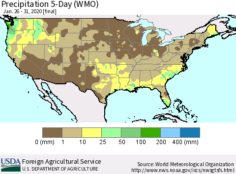 United States Precipitation 5-Day (WMO) Thematic Map For 1/26/2020 - 1/31/2020