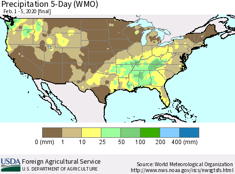 United States Precipitation 5-Day (WMO) Thematic Map For 2/1/2020 - 2/5/2020