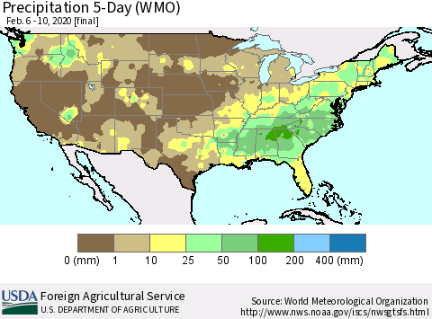 United States Precipitation 5-Day (WMO) Thematic Map For 2/6/2020 - 2/10/2020