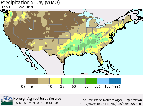 United States Precipitation 5-Day (WMO) Thematic Map For 2/11/2020 - 2/15/2020