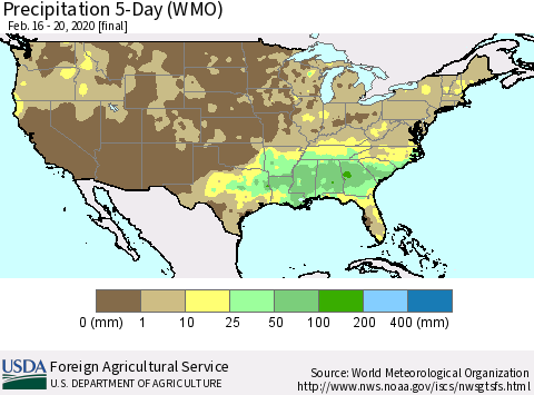 United States Precipitation 5-Day (WMO) Thematic Map For 2/16/2020 - 2/20/2020