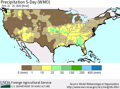 United States Precipitation 5-Day (WMO) Thematic Map For 2/21/2020 - 2/25/2020