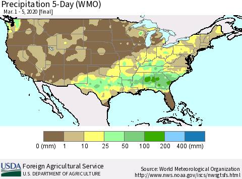 United States Precipitation 5-Day (WMO) Thematic Map For 3/1/2020 - 3/5/2020