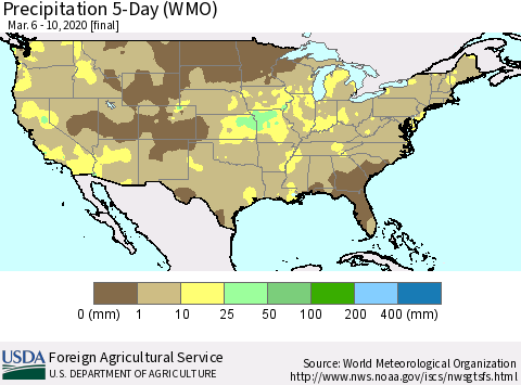 United States Precipitation 5-Day (WMO) Thematic Map For 3/6/2020 - 3/10/2020
