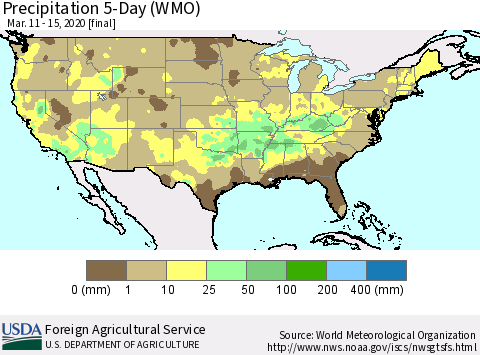United States Precipitation 5-Day (WMO) Thematic Map For 3/11/2020 - 3/15/2020