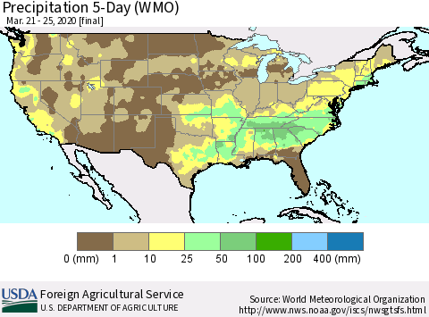 United States Precipitation 5-Day (WMO) Thematic Map For 3/21/2020 - 3/25/2020