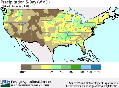 United States Precipitation 5-Day (WMO) Thematic Map For 3/26/2020 - 3/31/2020