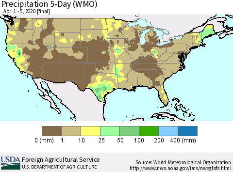 United States Precipitation 5-Day (WMO) Thematic Map For 4/1/2020 - 4/5/2020