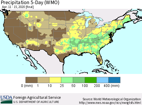 United States Precipitation 5-Day (WMO) Thematic Map For 4/11/2020 - 4/15/2020