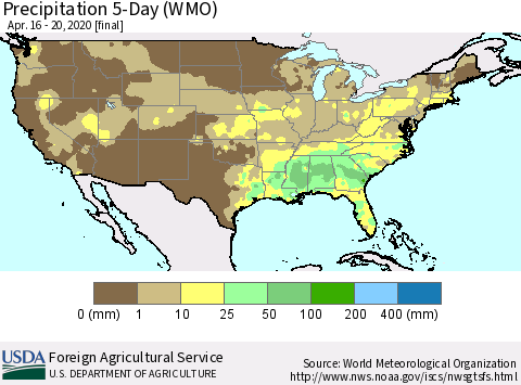 United States Precipitation 5-Day (WMO) Thematic Map For 4/16/2020 - 4/20/2020