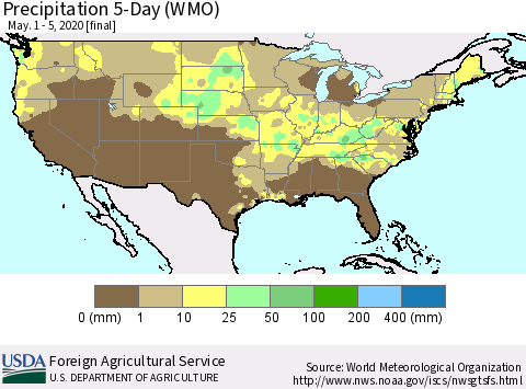 United States Precipitation 5-Day (WMO) Thematic Map For 5/1/2020 - 5/5/2020