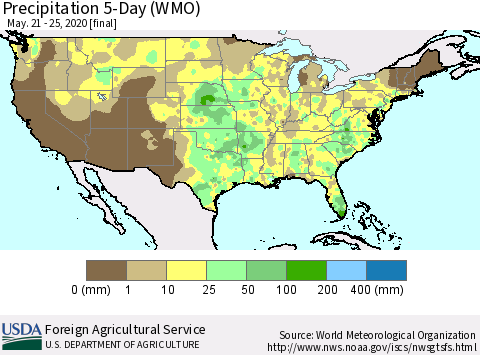 United States Precipitation 5-Day (WMO) Thematic Map For 5/21/2020 - 5/25/2020
