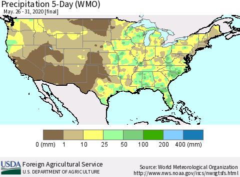 United States Precipitation 5-Day (WMO) Thematic Map For 5/26/2020 - 5/31/2020