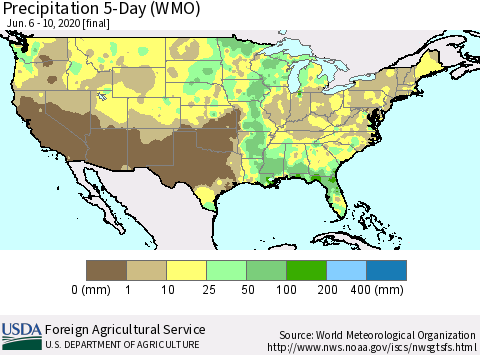 United States Precipitation 5-Day (WMO) Thematic Map For 6/6/2020 - 6/10/2020