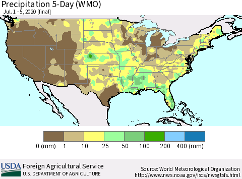 United States Precipitation 5-Day (WMO) Thematic Map For 7/1/2020 - 7/5/2020