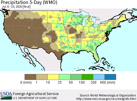 United States Precipitation 5-Day (WMO) Thematic Map For 7/6/2020 - 7/10/2020