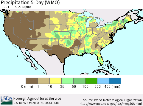 United States Precipitation 5-Day (WMO) Thematic Map For 7/11/2020 - 7/15/2020