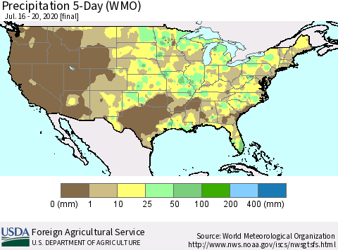 United States Precipitation 5-Day (WMO) Thematic Map For 7/16/2020 - 7/20/2020